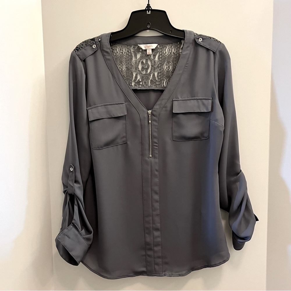 Candie's Lace Back Blouse- Gray